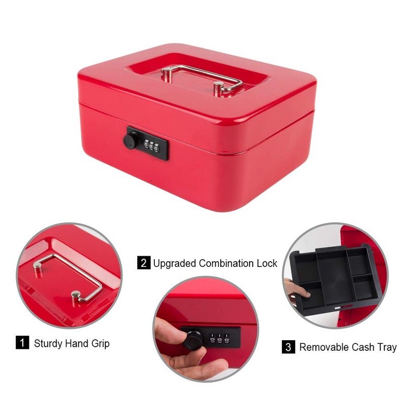KYODOLED Medium Cash Box with Combination Lock Safe Metal Money Box with Money Tray for Security Lock Box 7.87"x 6.30"x 3.54" Red Medium - Image 2